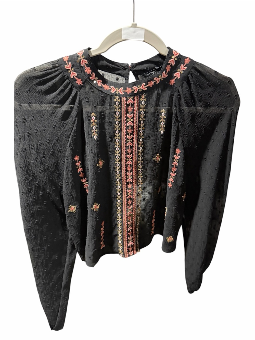 Zara Embroidered Black Long-Sleeve Peasant Top